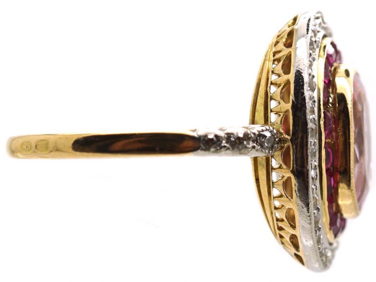 French Import Early 20th Century 18ct Gold & Platinum, Pink Sapphire, Ruby & Diamond Cluster Ring