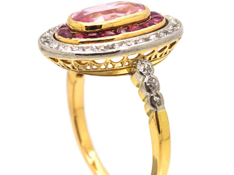 French Import Early 20th Century 18ct Gold & Platinum, Pink Sapphire, Ruby & Diamond Cluster Ring