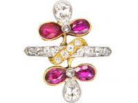 French Import 18ct Gold & Platinum, Art Nouveau Double Flower Ring set with Rubies & Diamonds