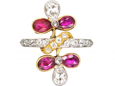 French Import 18ct Gold & Platinum, Art Nouveau Double Flower Ring set with Rubies & Diamonds
