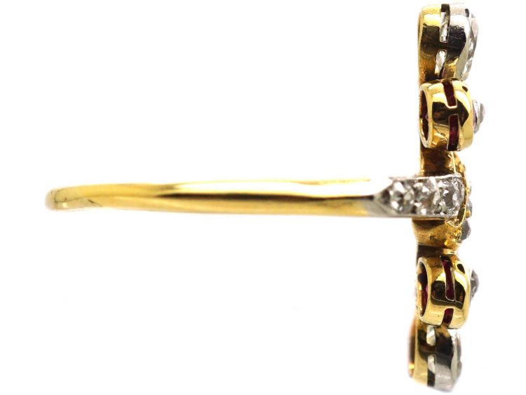 French Import 18ct Gold & Platinum, Art Nouveau Double Flower Ring set with Rubies & Diamonds