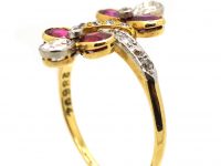 French Import 18ct Gold & Platinum, Art Nouveau Double Flower Ring set with Rubies & Diamonds
