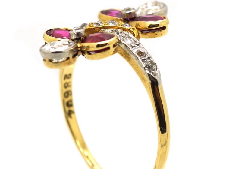 French Import 18ct Gold & Platinum, Art Nouveau Double Flower Ring set with Rubies & Diamonds