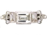Art Deco Platinum & Diamond Ring with Central Faceted Rectangular Cut Diamond