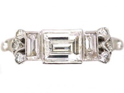Art Deco Platinum & Diamond Ring with Central Faceted Rectangular Cut Diamond