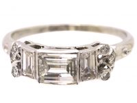 Art Deco Platinum & Diamond Ring with Central Faceted Rectangular Cut Diamond