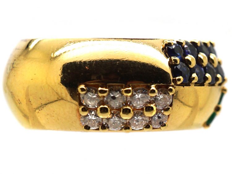 1970s 18ct Gold Ring by Mauboussin set with Diamonds, Emeralds & Sapphires