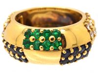 1970s 18ct Gold Ring by Mauboussin set with Diamonds, Emeralds & Sapphires