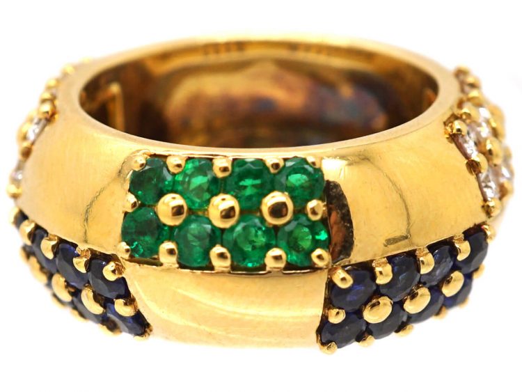 1970s 18ct Gold Ring by Mauboussin set with Diamonds, Emeralds & Sapphires