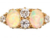 Victorian 18ct Gold Two Stone Opal Carved Half Hoop Ring with Diamonds in Between