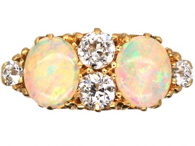 Victorian 18ct Gold Two Stone Opal Carved Half Hoop Ring with Diamonds in Between