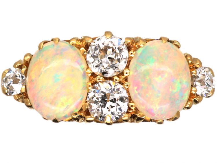 Victorian 18ct Gold Two Stone Opal Carved Half Hoop Ring with Diamonds in Between