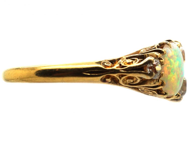 Victorian 18ct Gold Two Stone Opal Carved Half Hoop Ring with Diamonds in Between