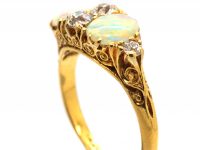 Victorian 18ct Gold Two Stone Opal Carved Half Hoop Ring with Diamonds in Between