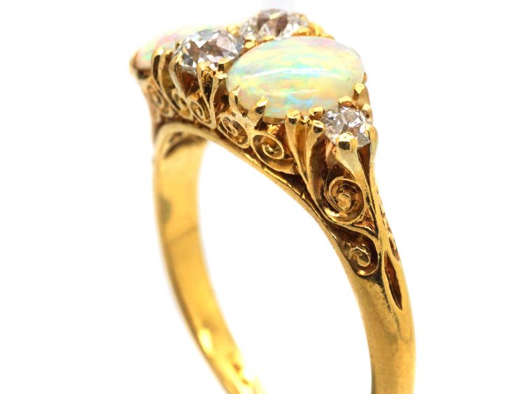 Victorian 18ct Gold Two Stone Opal Carved Half Hoop Ring with Diamonds in Between