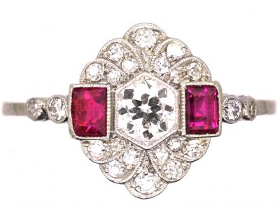 Early 20th Century Platinum, Ruby & Diamond Cluster Ring with Diamond Set Shoulders