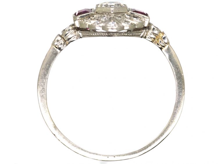Early 20th Century Platinum, Ruby & Diamond Cluster Ring with Diamond Set Shoulders
