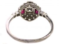 Early 20th Century Platinum, Ruby & Diamond Cluster Ring with Diamond Set Shoulders