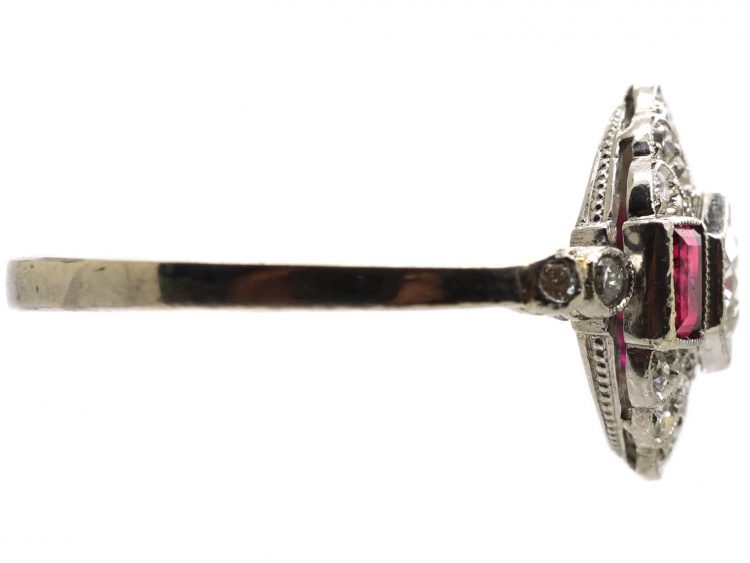 Early 20th Century Platinum, Ruby & Diamond Cluster Ring with Diamond Set Shoulders
