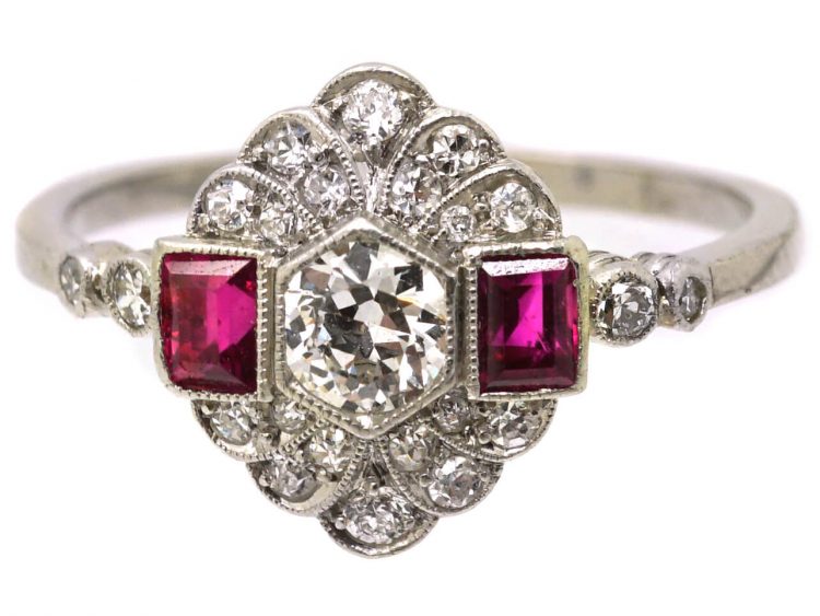 Early 20th Century Platinum, Ruby & Diamond Cluster Ring with Diamond Set Shoulders