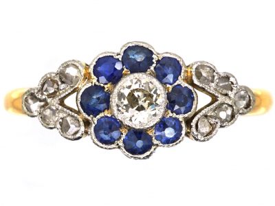 Edwardian 18ct & Platinum, Sapphire & Diamond Cluster Ring with Rose Diamond Set Shoulders