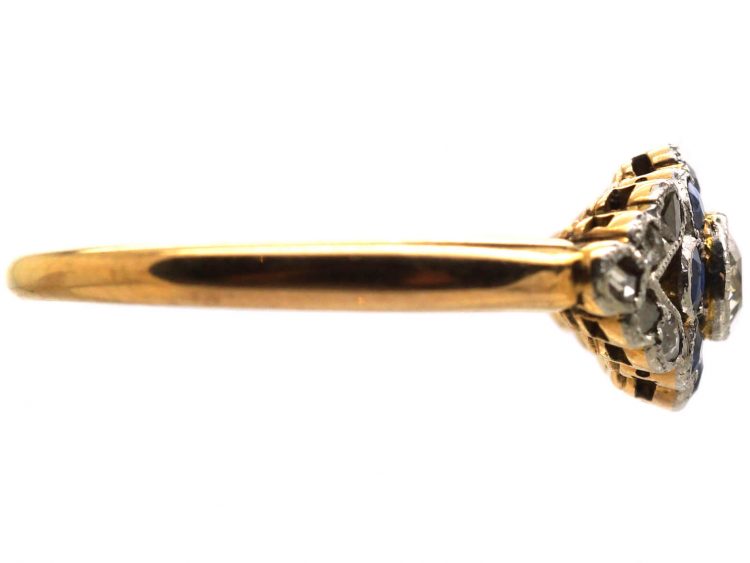 Edwardian 18ct & Platinum, Sapphire & Diamond Cluster Ring with Rose Diamond Set Shoulders
