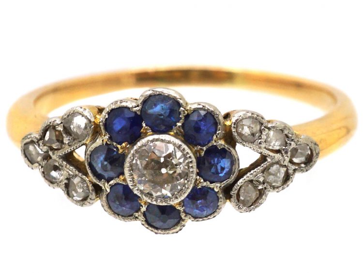 Edwardian 18ct & Platinum, Sapphire & Diamond Cluster Ring with Rose Diamond Set Shoulders