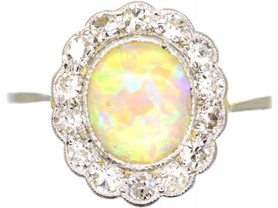 Edwardian 18ct Gold & Platinum, Opal & Diamond Cluster Ring