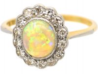 Edwardian 18ct Gold & Platinum, Opal & Diamond Cluster Ring