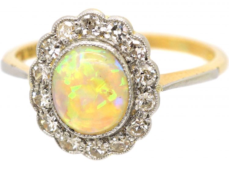 Edwardian 18ct Gold & Platinum, Opal & Diamond Cluster Ring