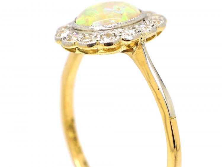 Edwardian 18ct Gold & Platinum, Opal & Diamond Cluster Ring