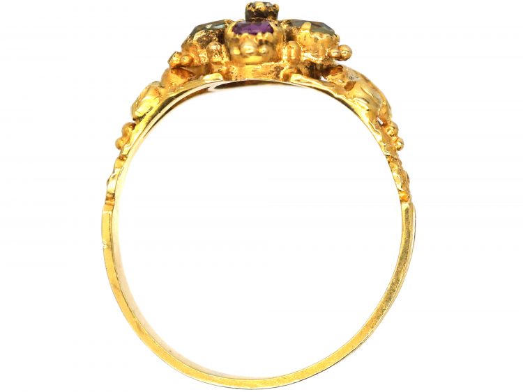 Georgian 15ct Gold Pansy Ring set with Chrysolites, Garnets & a Diamond
