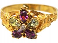 Georgian 15ct Gold Pansy Ring set with Chrysolites, Garnets & a Diamond