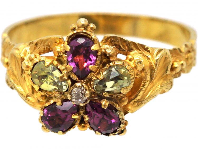 Georgian 15ct Gold Pansy Ring set with Chrysolites, Garnets & a Diamond