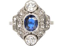 French Early 20th Century Platinum, Sapphire & Diamond Cluster Ring