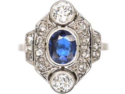 French Early 20th Century Platinum, Sapphire & Diamond Cluster Ring
