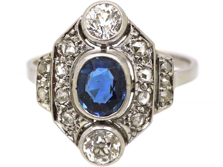 French Early 20th Century Platinum, Sapphire & Diamond Cluster Ring