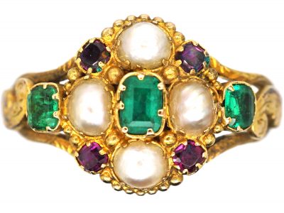 Georgian 18ct Gold, Emerald, Amethyst & Natural Split Pearl Ring with Locket Back
