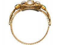 Georgian 18ct Gold, Emerald, Amethyst & Natural Split Pearl Ring with Locket Back