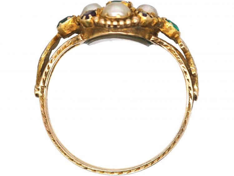 Georgian 18ct Gold, Emerald, Amethyst & Natural Split Pearl Ring with Locket Back