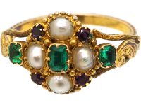 Georgian 18ct Gold, Emerald, Amethyst & Natural Split Pearl Ring with Locket Back