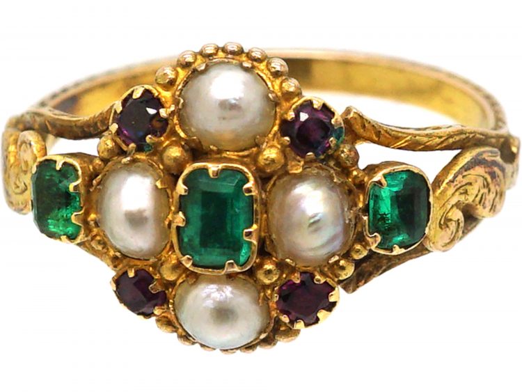 Georgian 18ct Gold, Emerald, Amethyst & Natural Split Pearl Ring with Locket Back