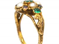 Georgian 18ct Gold, Emerald, Amethyst & Natural Split Pearl Ring with Locket Back