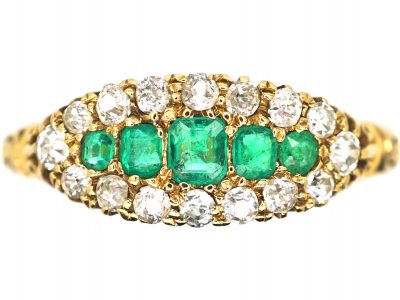 Victorian 18ct Gold, Five Stone Emerald & Diamond Boat Shaped Ring