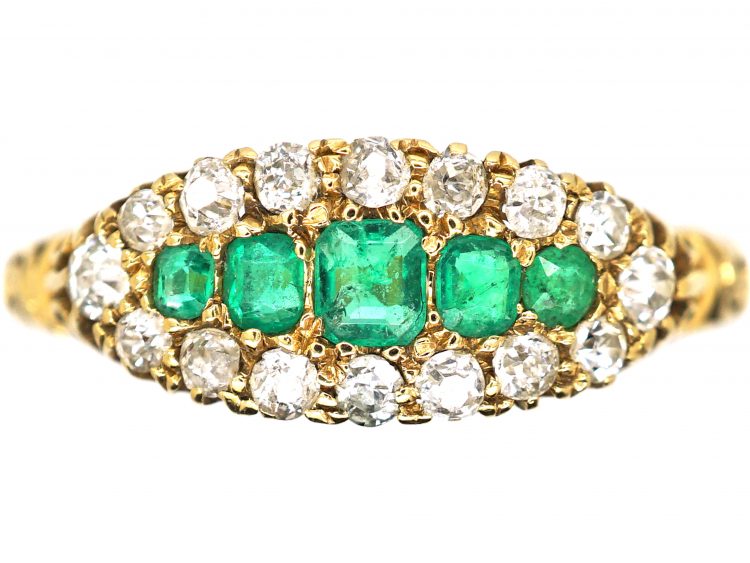 Victorian 18ct Gold, Five Stone Emerald & Diamond Boat Shaped Ring