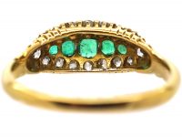Victorian 18ct Gold, Five Stone Emerald & Diamond Boat Shaped Ring