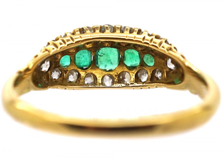 Victorian 18ct Gold, Five Stone Emerald & Diamond Boat Shaped Ring