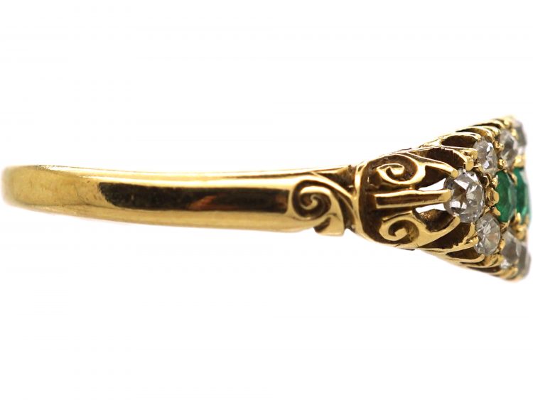 Victorian 18ct Gold, Five Stone Emerald & Diamond Boat Shaped Ring