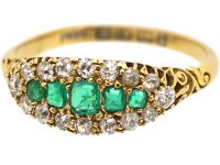 Victorian 18ct Gold, Five Stone Emerald & Diamond Boat Shaped Ring