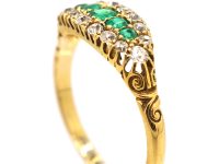 Victorian 18ct Gold, Five Stone Emerald & Diamond Boat Shaped Ring